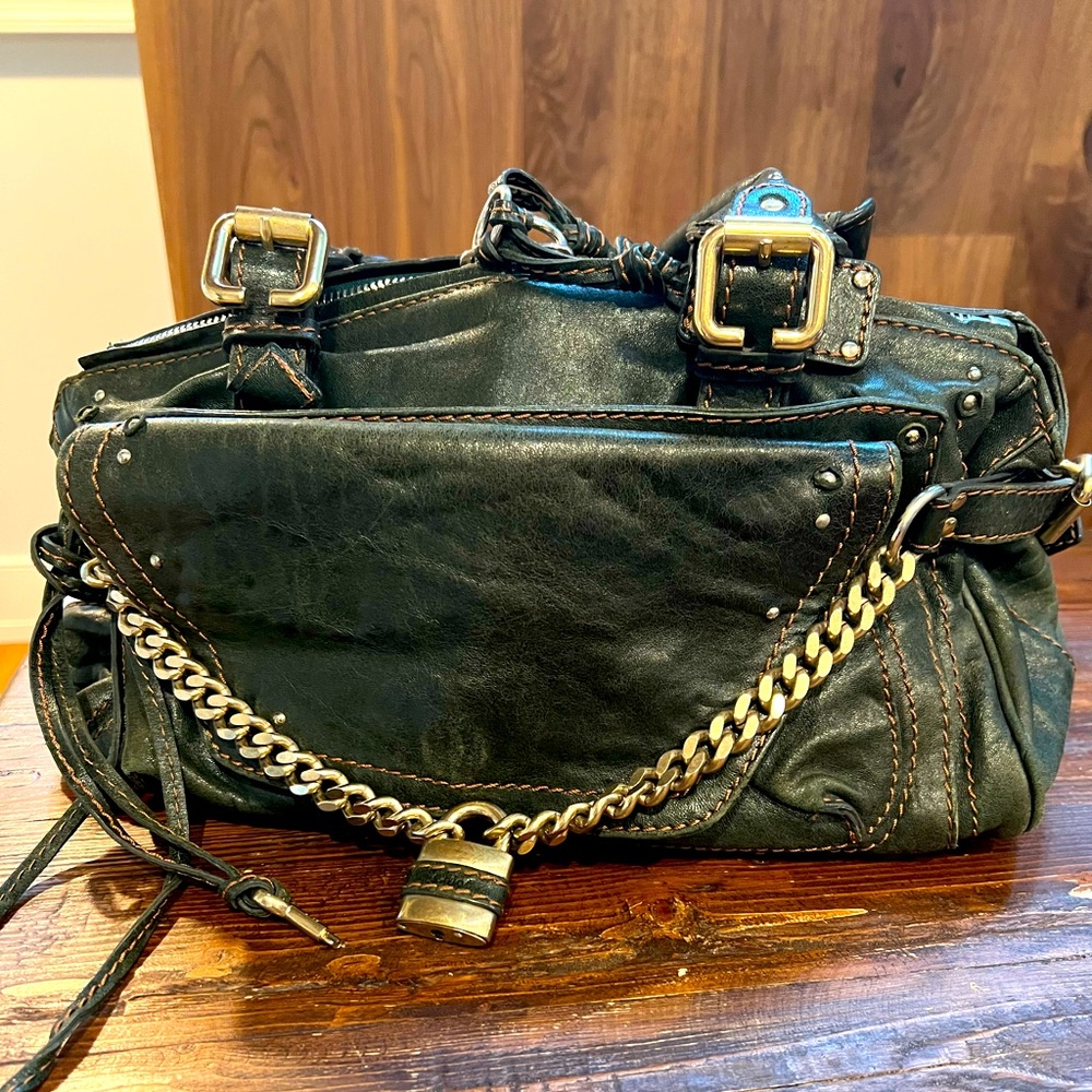 Authentic Chloe Chain Paddington Padlock Hand Bag - rare dark green leather